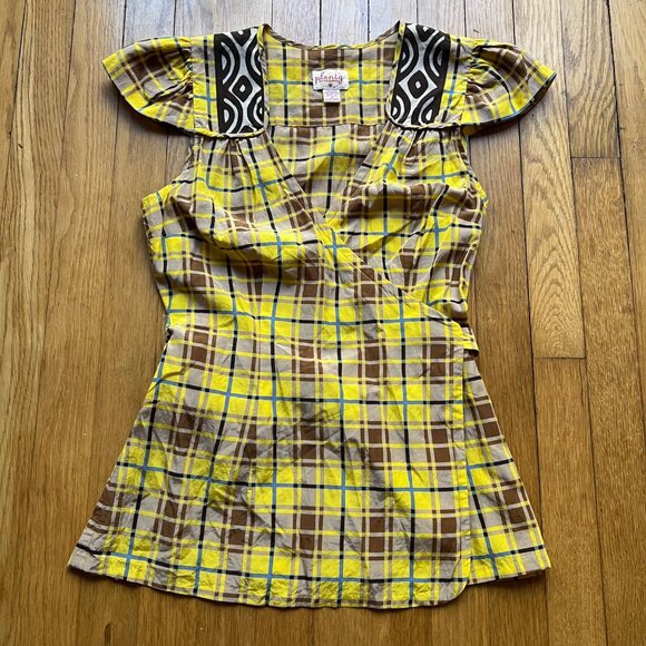 Plenty By Tracy Reese Size 4 Yellow Brown Plaid Silk Blend Cap Sleeve Blouse Top - Picture 7 of 13